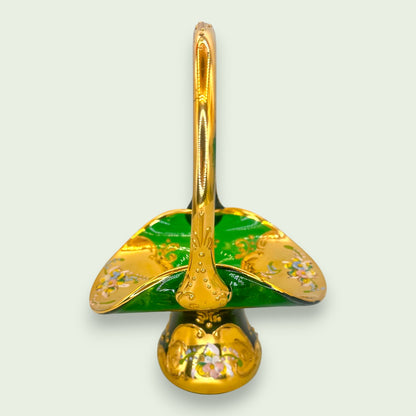 Bohemian Emerald Green Glass Basket, Hand Painted 24K Gold Floral Art Glass