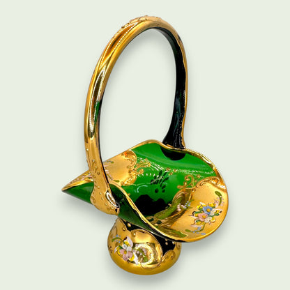Bohemian Emerald Green Glass Basket, Hand Painted 24K Gold Floral Art Glass
