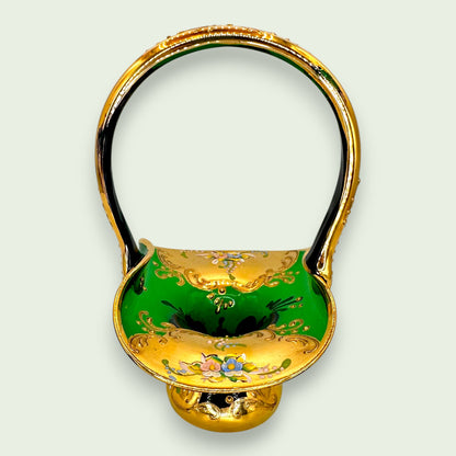 Bohemian Emerald Green Glass Basket, Hand Painted 24K Gold Floral Art Glass