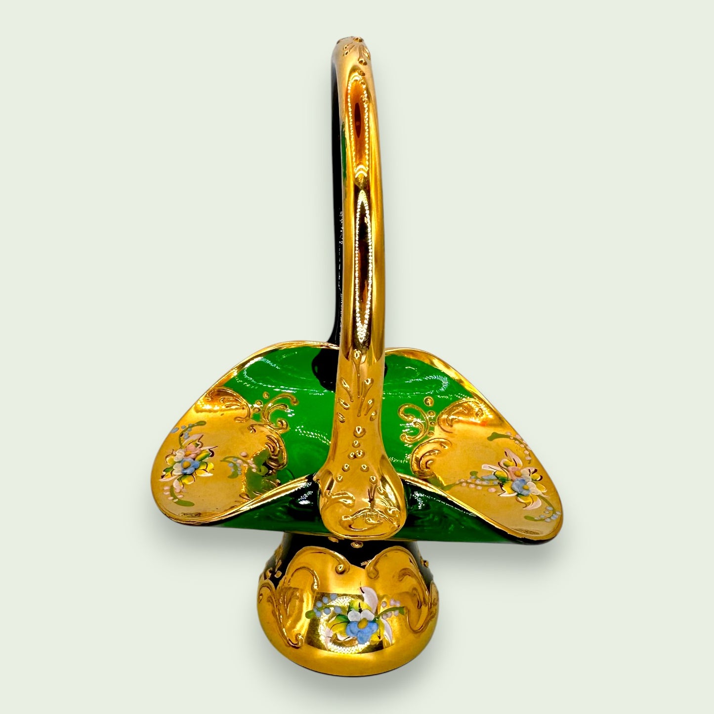 Bohemian Emerald Green Glass Basket, Hand Painted 24K Gold Floral Art Glass