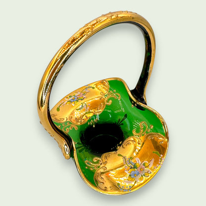Bohemian Emerald Green Glass Basket, Hand Painted 24K Gold Floral Art Glass