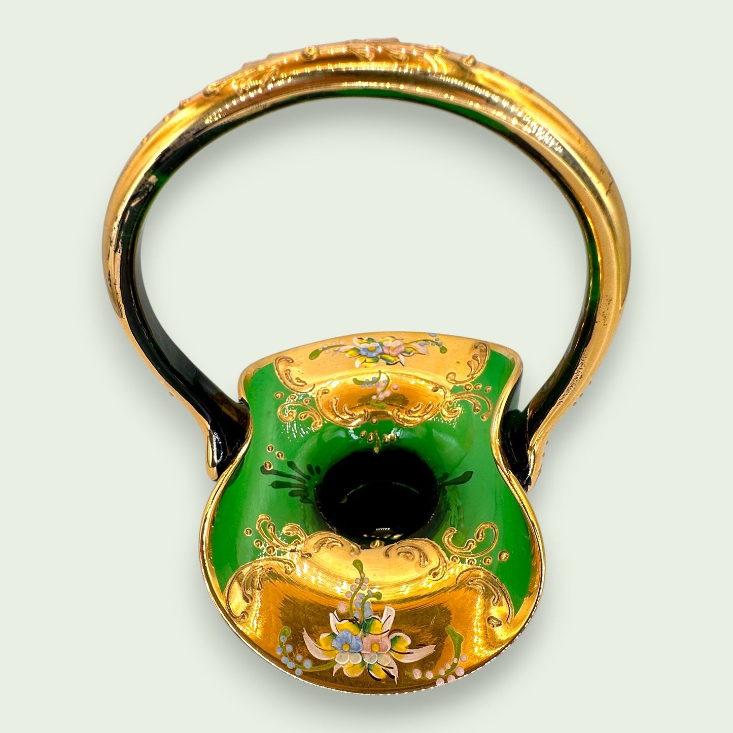 Bohemian Emerald Green Glass Basket, Hand Painted 24K Gold Floral Art Glass