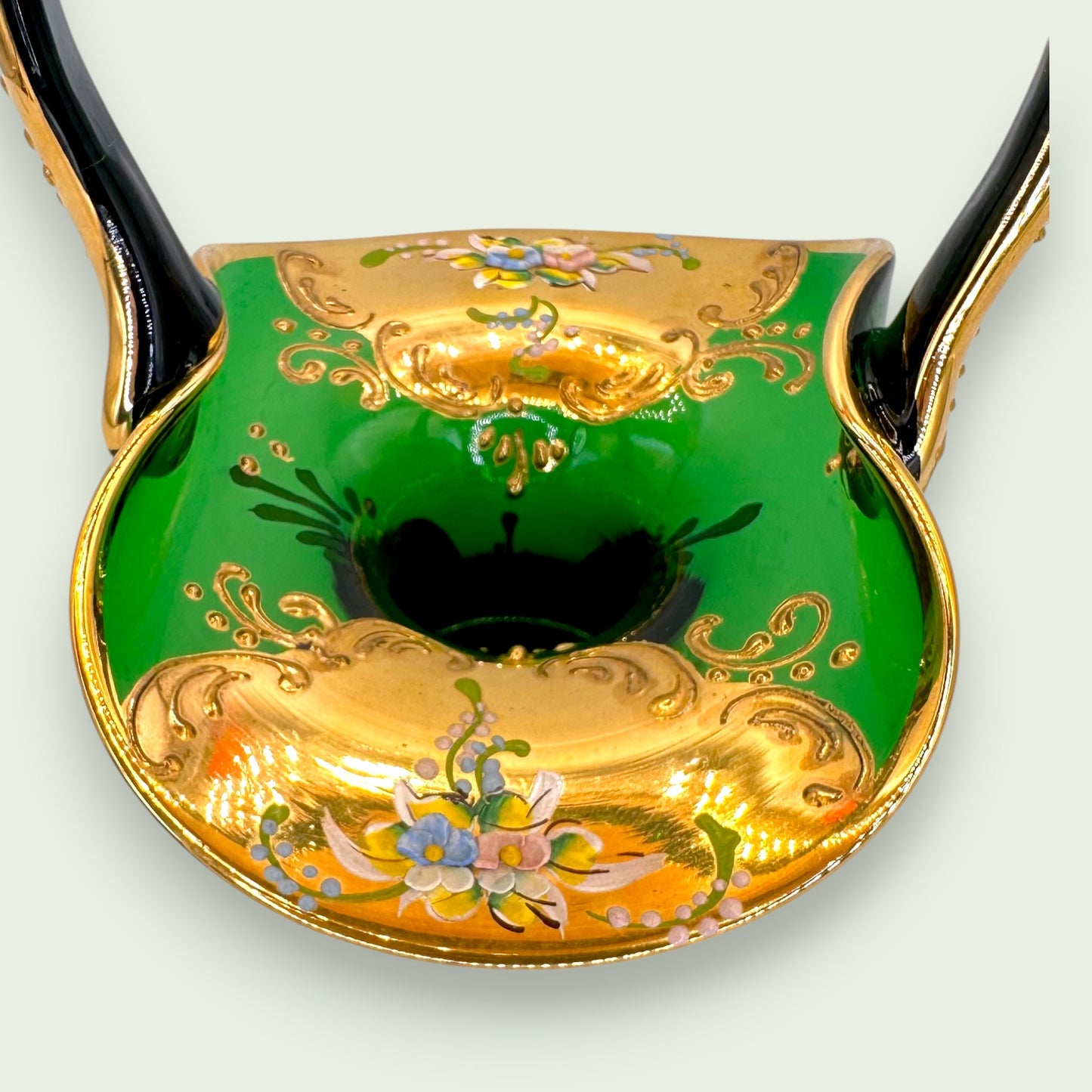 Bohemian Emerald Green Glass Basket, Hand Painted 24K Gold Floral Art Glass