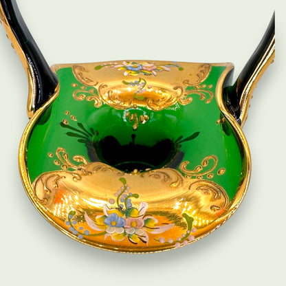 Bohemian Emerald Green Glass Basket, Hand Painted 24K Gold Floral Art Glass