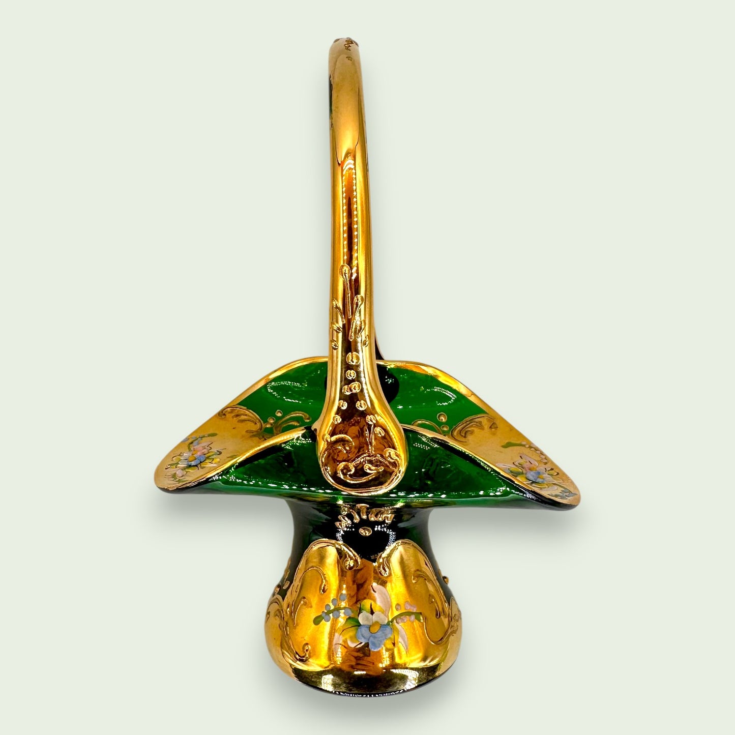 Bohemian Emerald Green Glass Basket, Hand Painted 24K Gold Floral Art Glass