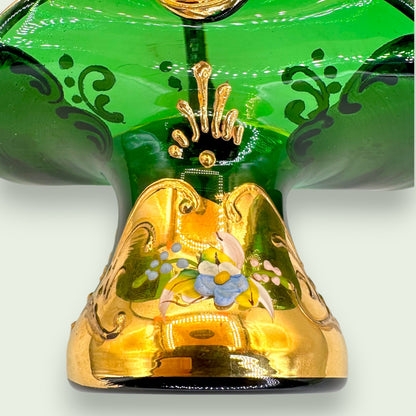 Bohemian Emerald Green Glass Basket, Hand Painted 24K Gold Floral Art Glass