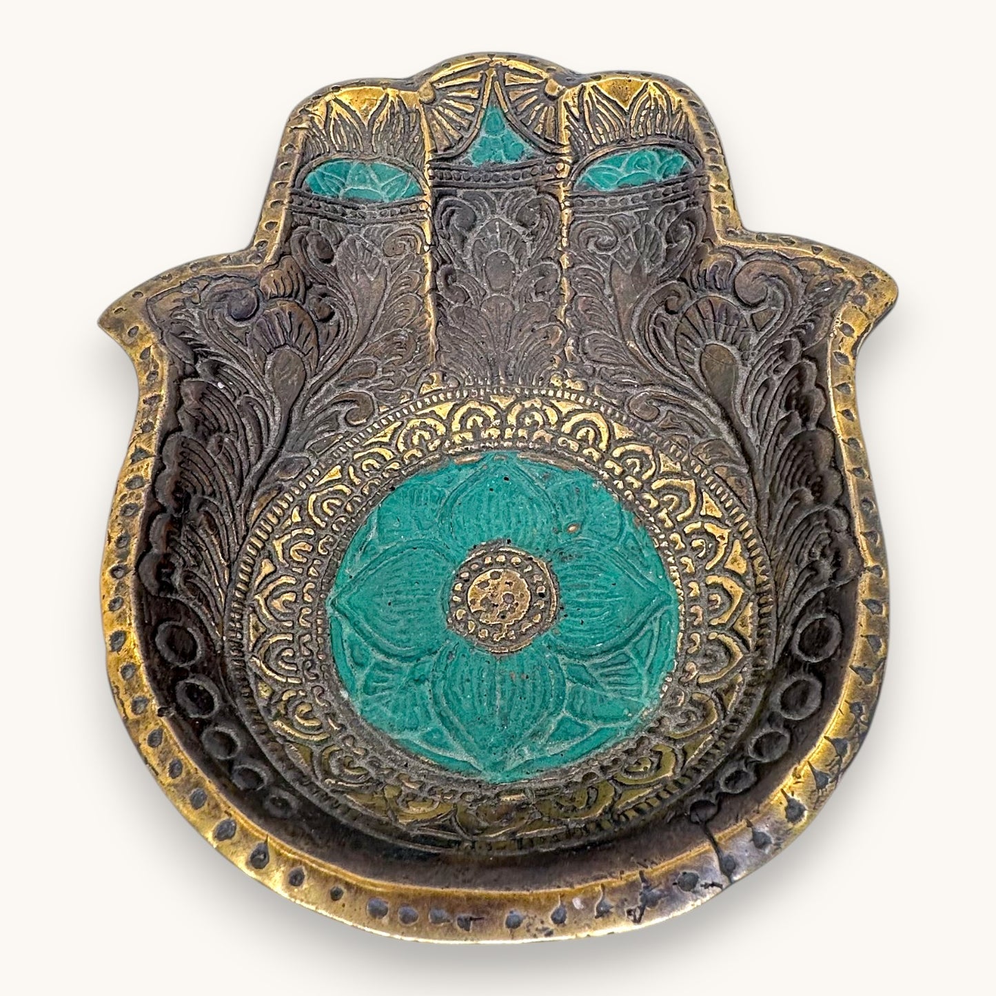 Antique Brass Hamsa Hand Trinket Dish - Turquoise Enamel Inlay 7"