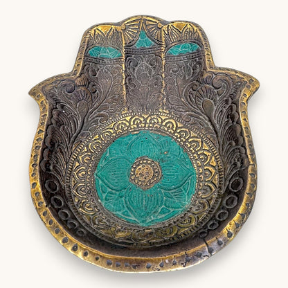 Antique Brass Hamsa Hand Trinket Dish - Turquoise Enamel Inlay 7"