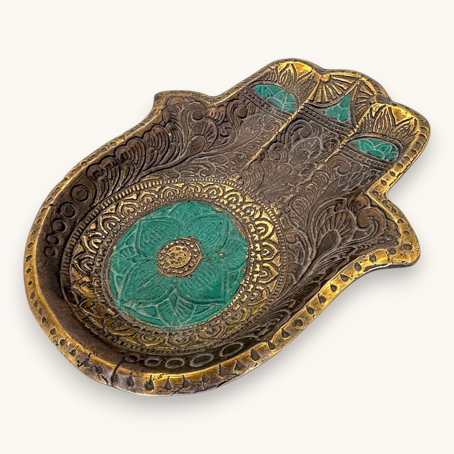 Antique Brass Hamsa Hand Trinket Dish - Turquoise Enamel Inlay 7"