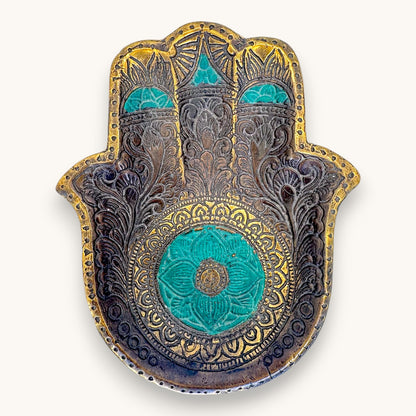 Antique Brass Hamsa Hand Trinket Dish - Turquoise Enamel Inlay 7"