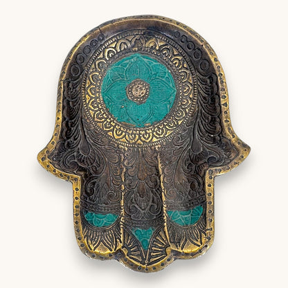 Antique Brass Hamsa Hand Trinket Dish - Turquoise Enamel Inlay 7"