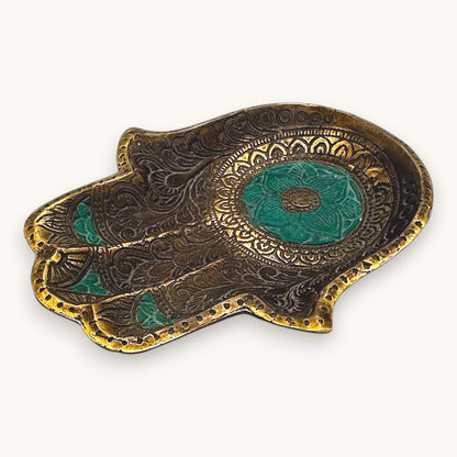 Antique Brass Hamsa Hand Trinket Dish - Turquoise Enamel Inlay 7"
