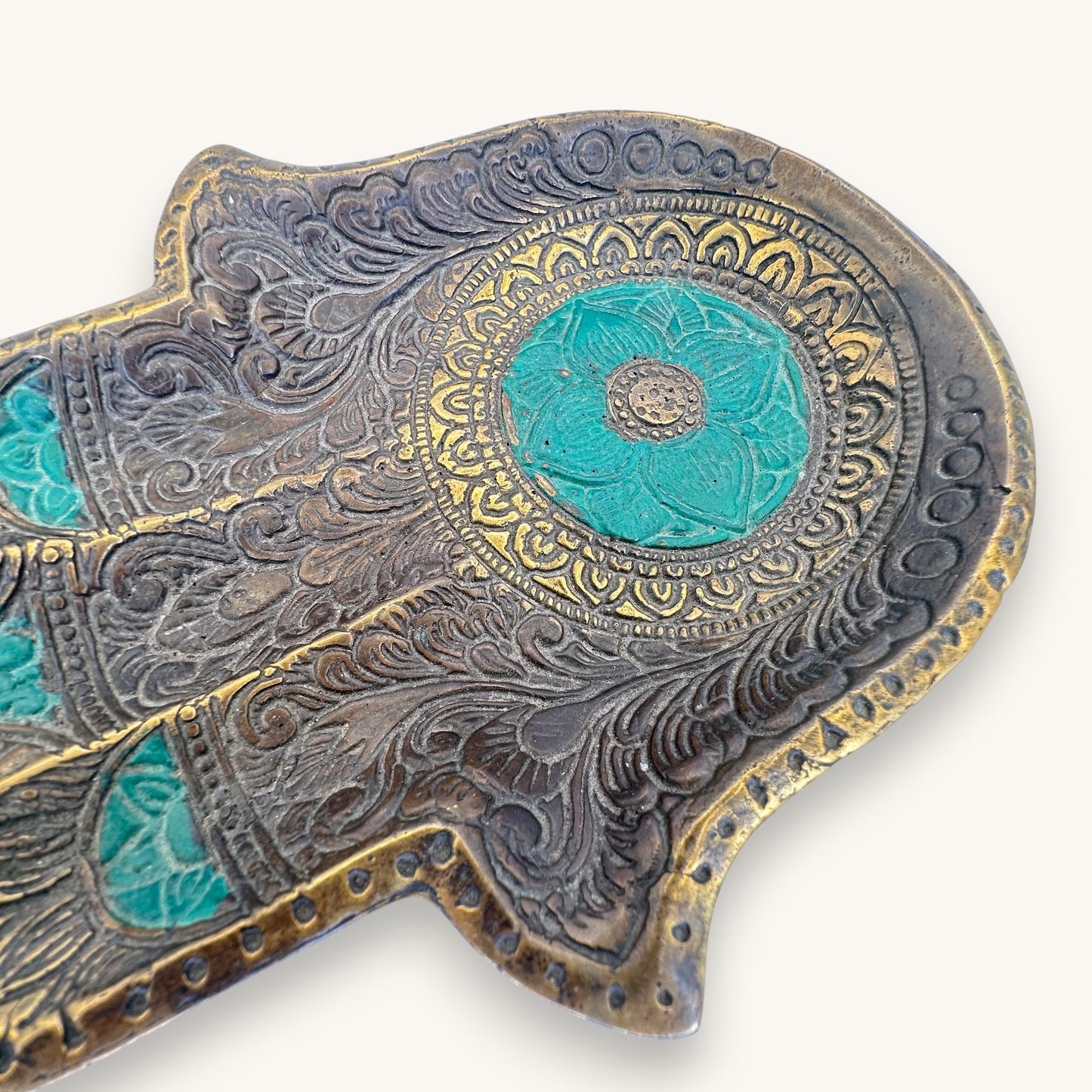 Antique Brass Hamsa Hand Trinket Dish - Turquoise Enamel Inlay 7"