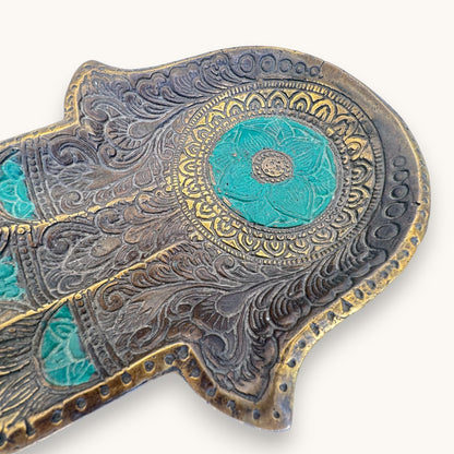 Antique Brass Hamsa Hand Trinket Dish - Turquoise Enamel Inlay 7"