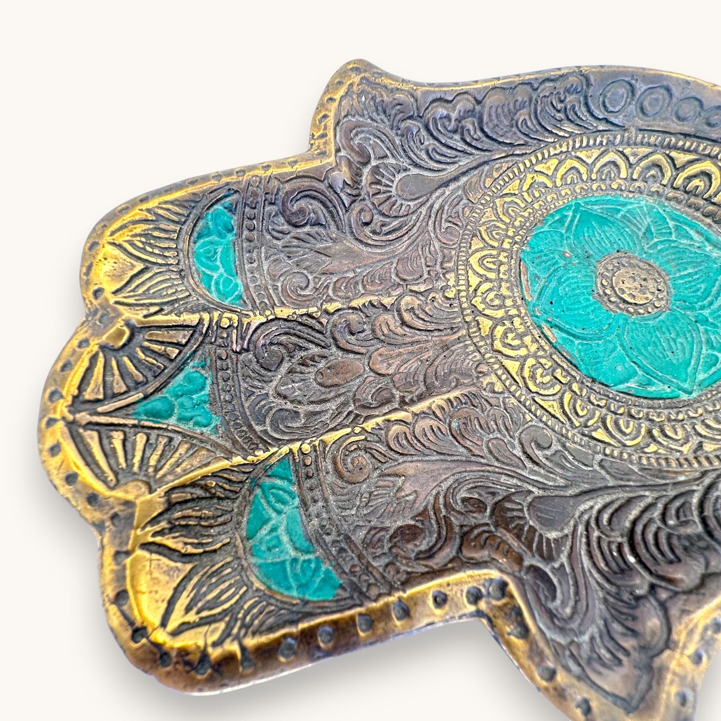Antique Brass Hamsa Hand Trinket Dish - Turquoise Enamel Inlay 7"