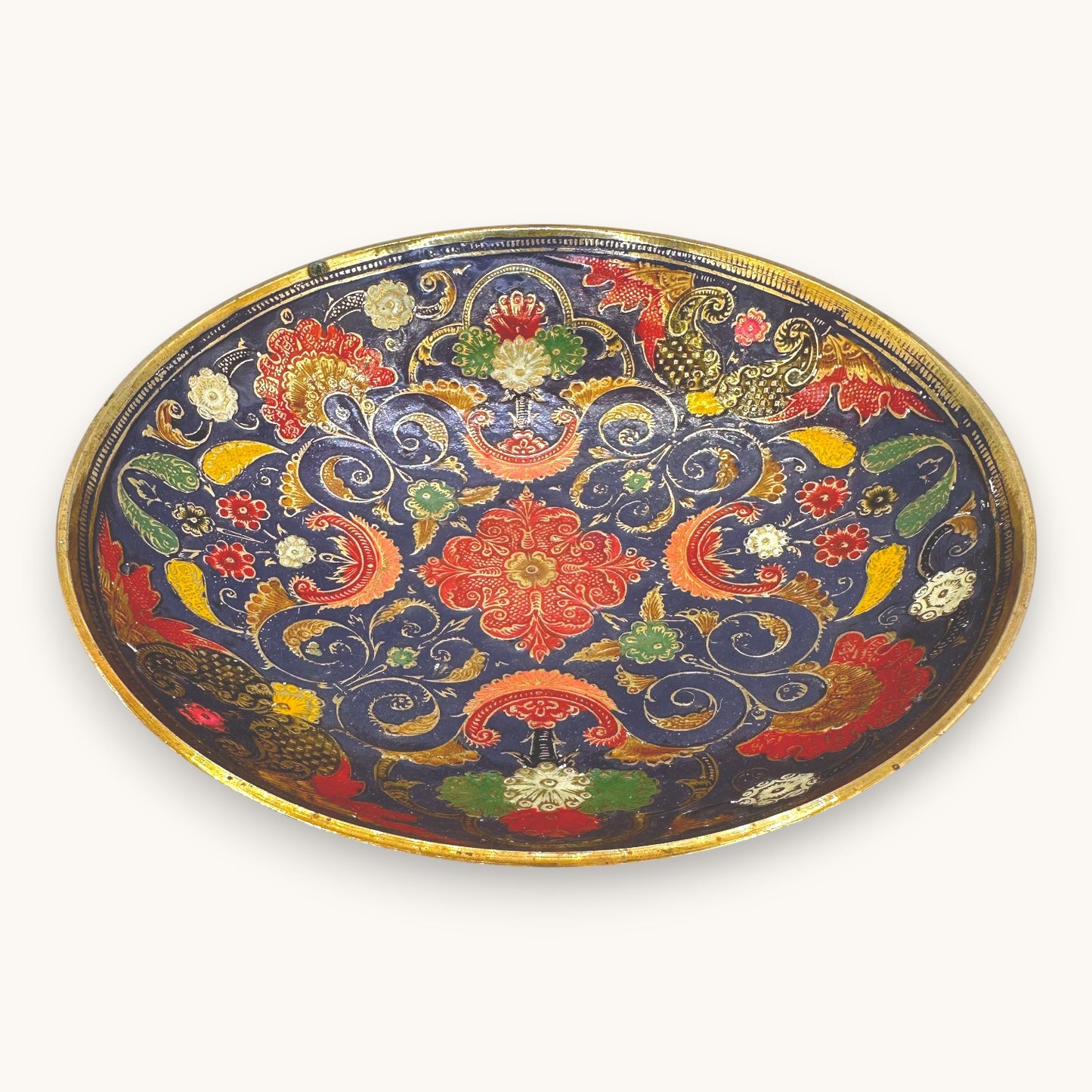 Antique Persian Enamelled Brass Bowl - Hand-Painted Mina Kari Art