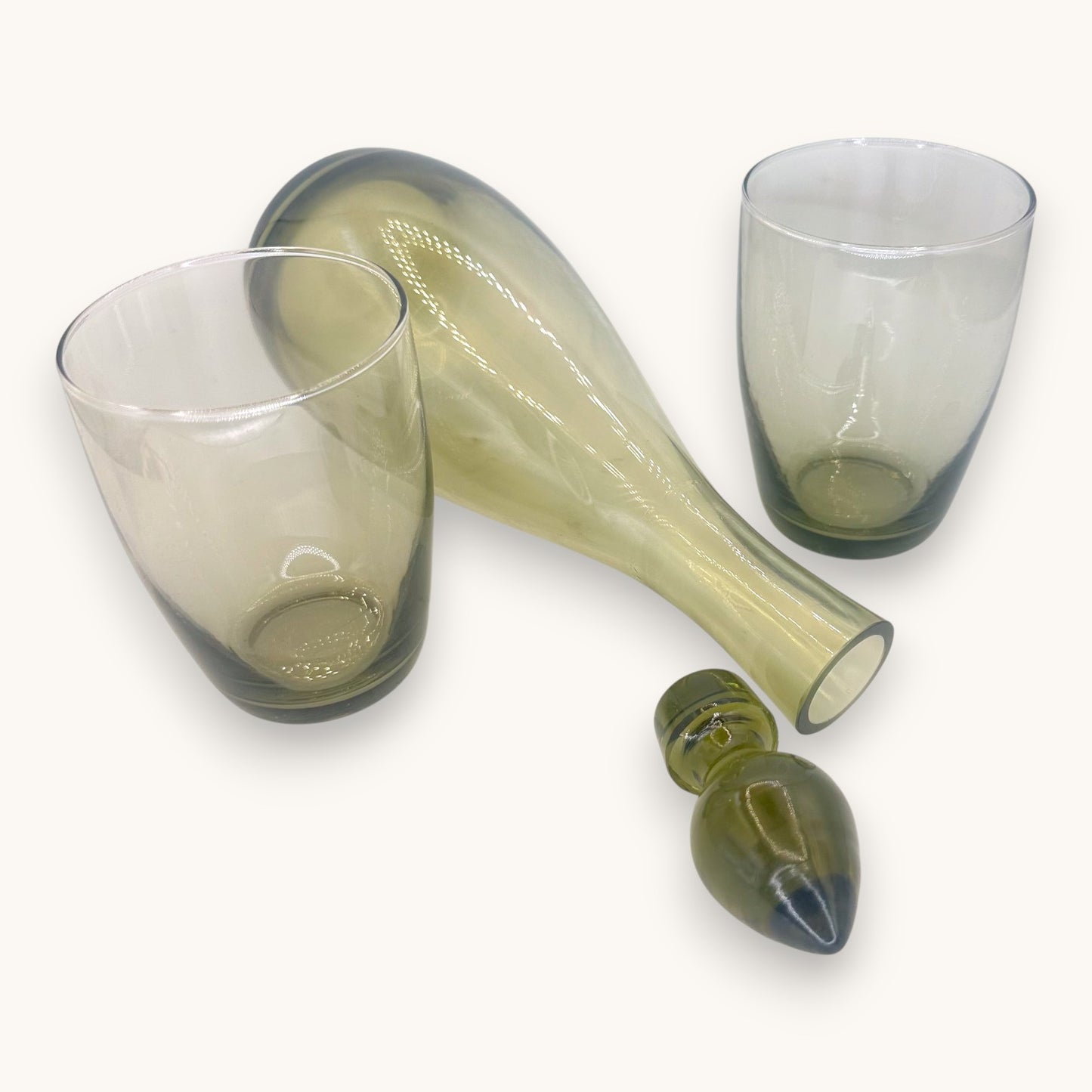 Mid-Century Olive Green Blown Glass Decanter Set - 3 Pieces