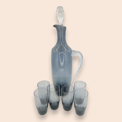 Mid-Century Blown Glass Decanter Set - Smoke Grey - 8 Pieces