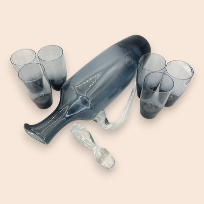 Mid-Century Blown Glass Decanter Set - Smoke Grey - 8 Pieces