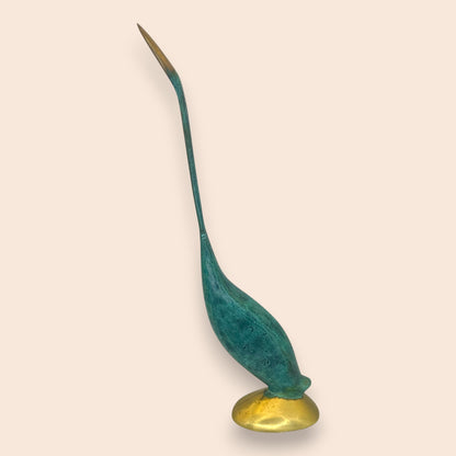 Mid-Century Modern Verdigris Brass Crane - Minimalist Statuette