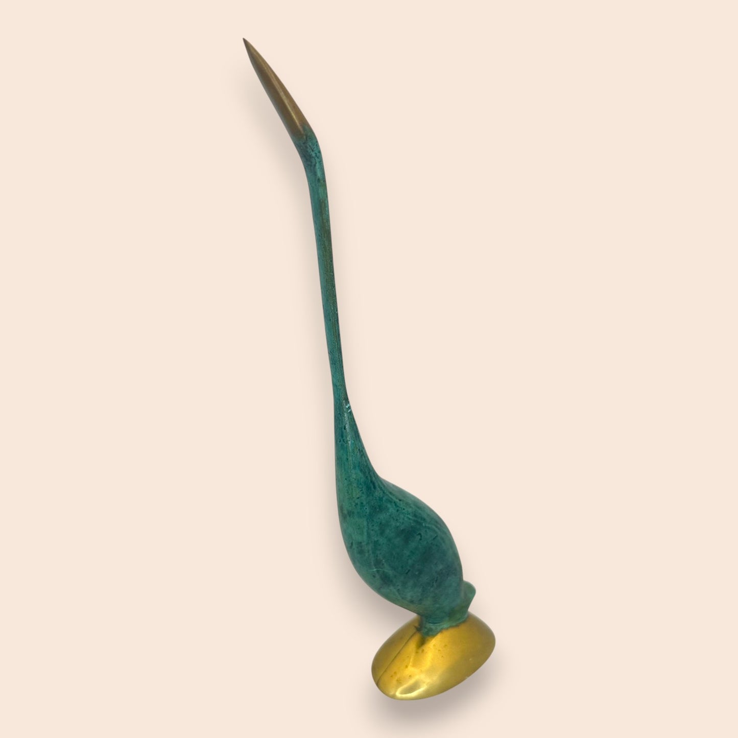 Mid-Century Modern Verdigris Brass Crane - Minimalist Statuette