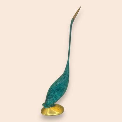 Mid-Century Modern Verdigris Brass Crane - Minimalist Statuette