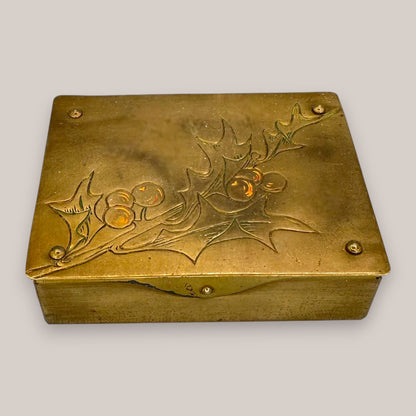 Antique Ges. Gesch Brass Stamp Box Holly Berry Motif 3 Section 1920's