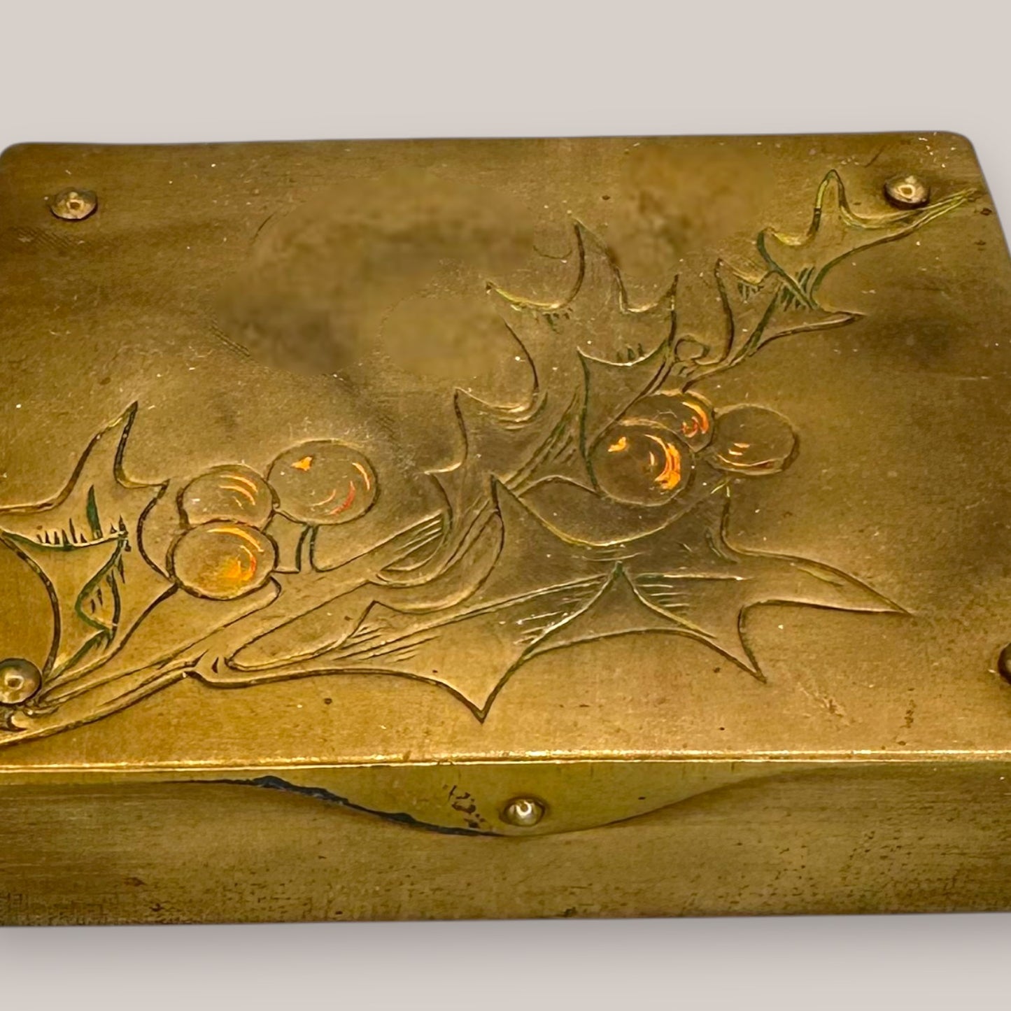 Antique Ges. Gesch Brass Stamp Box Holly Berry Motif 3 Section 1920's