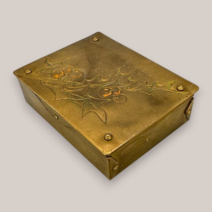 Antique Ges. Gesch Brass Stamp Box Holly Berry Motif 3 Section 1920's