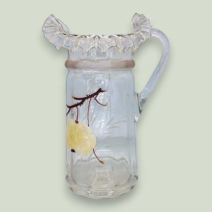 Antique Glass Pitcher Hand Painted Enamel Apple Ruffled Rim Victorian 10"