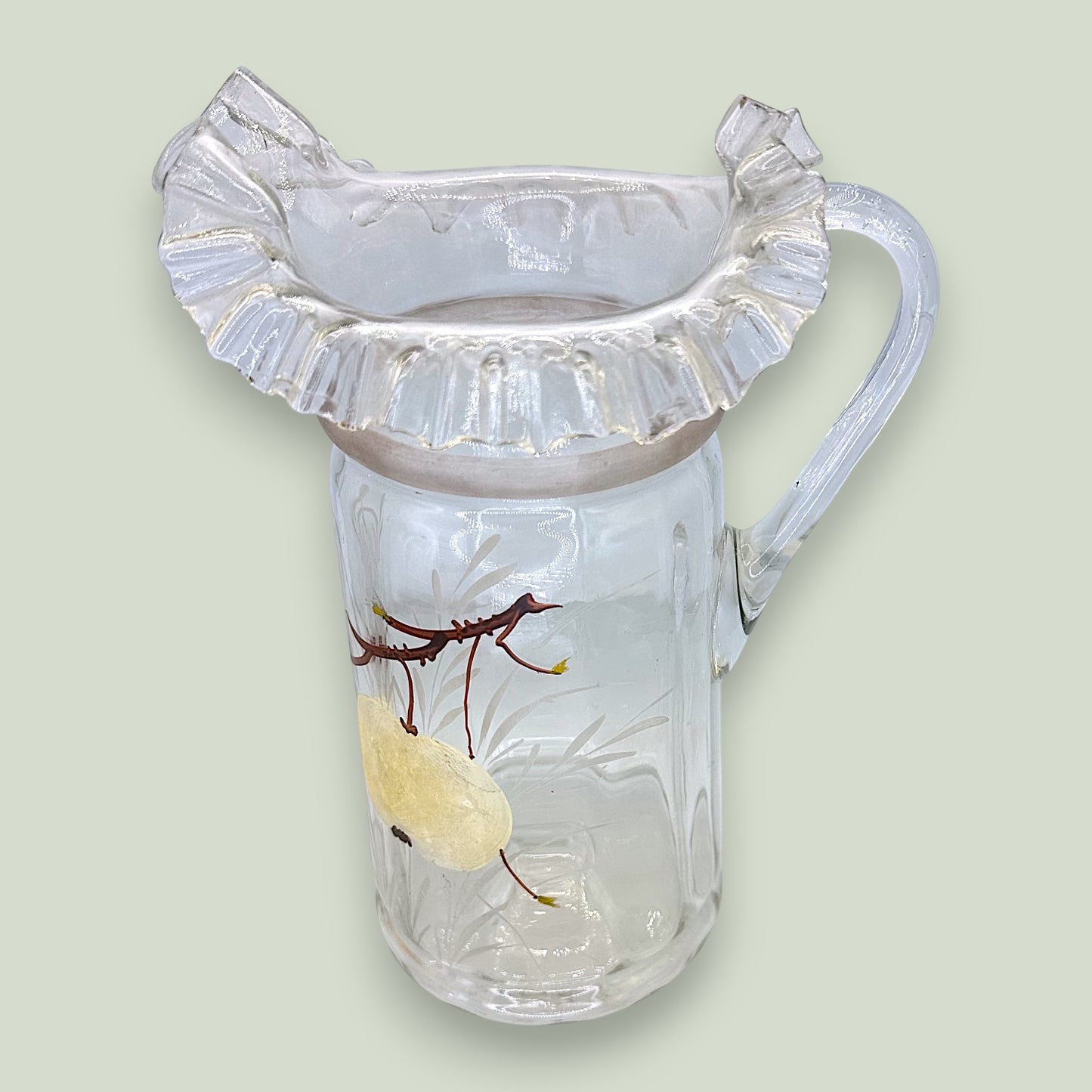 Antique Glass Pitcher Hand Painted Enamel Apple Ruffled Rim Victorian 10"