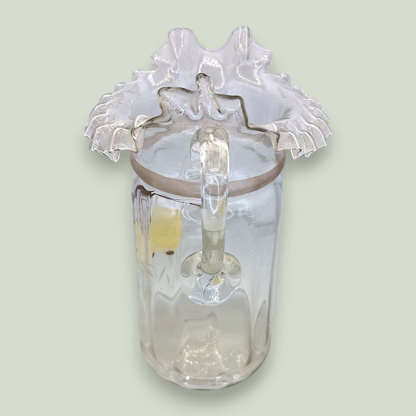 Antique Glass Pitcher Hand Painted Enamel Apple Ruffled Rim Victorian 10"