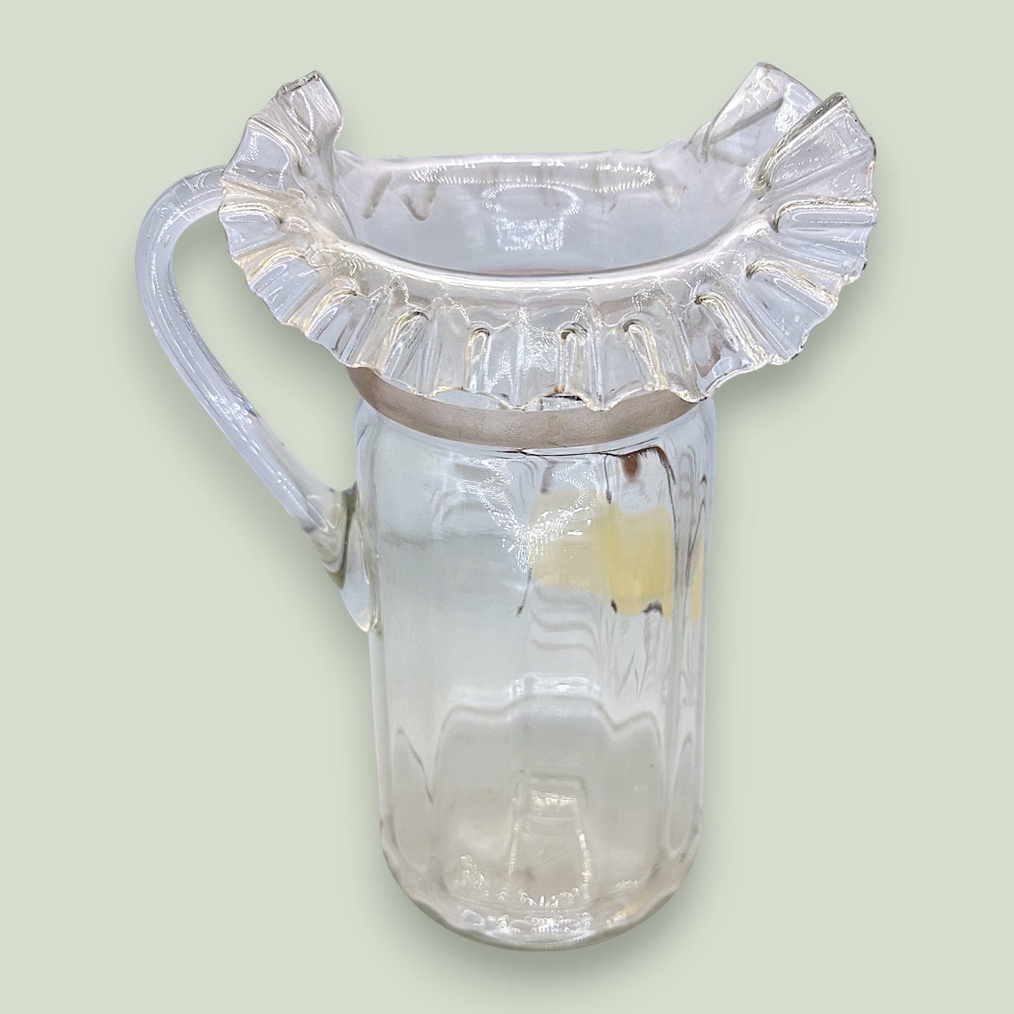Antique Glass Pitcher Hand Painted Enamel Apple Ruffled Rim Victorian 10"