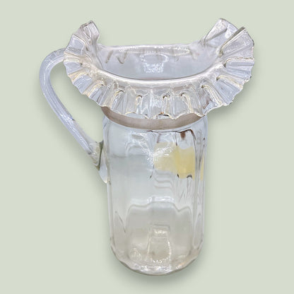 Antique Glass Pitcher Hand Painted Enamel Apple Ruffled Rim Victorian 10"
