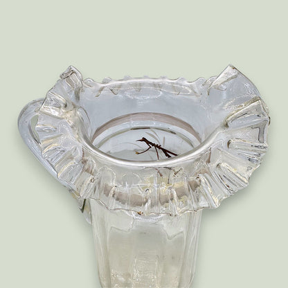 Antique Glass Pitcher Hand Painted Enamel Apple Ruffled Rim Victorian 10"