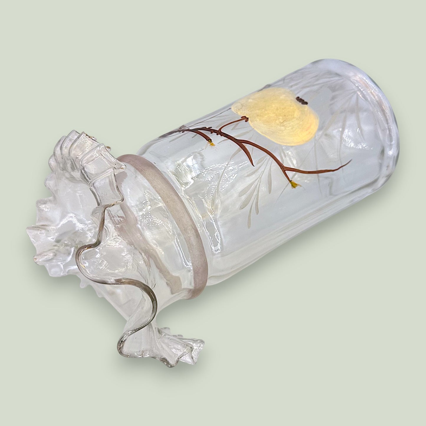 Antique Glass Pitcher Hand Painted Enamel Apple Ruffled Rim Victorian 10"
