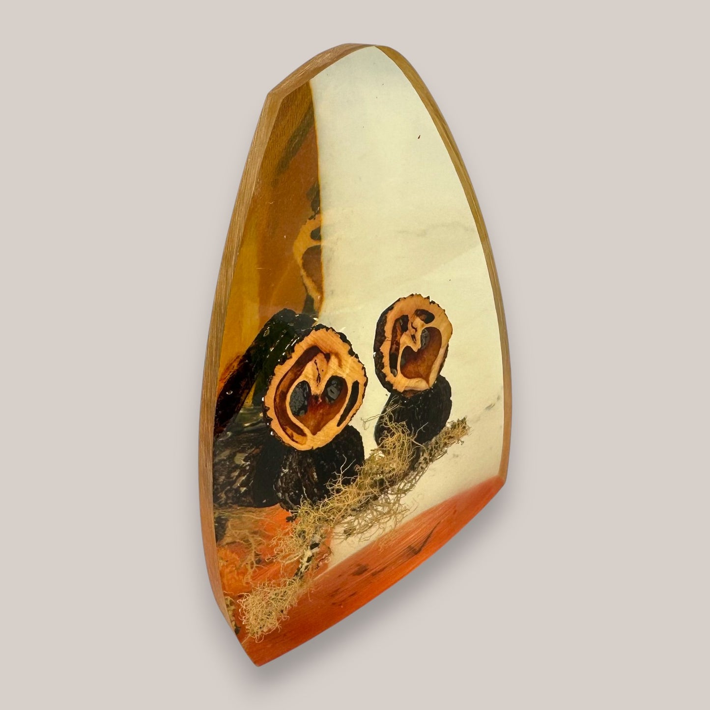 Vintage Resin Owl Paperweight Signed Chris & Molly 1981 Walnut Shell Art