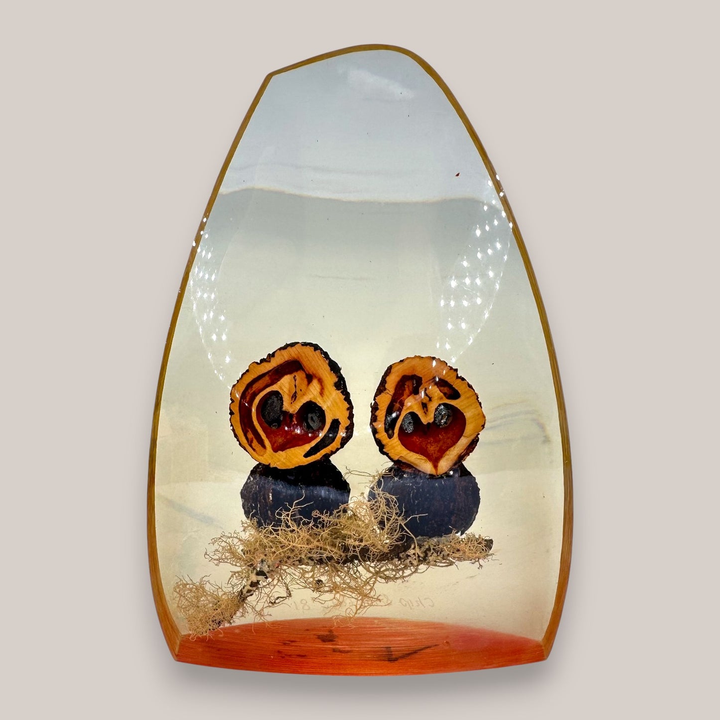 Vintage Resin Owl Paperweight Signed Chris & Molly 1981 Walnut Shell Art