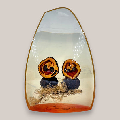 Vintage Resin Owl Paperweight Signed Chris & Molly 1981 Walnut Shell Art