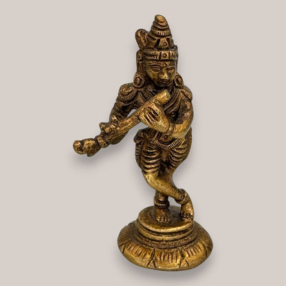 Vintage Brass Krishna Figurine Playing Flute - Antique Hindu Deity Statue