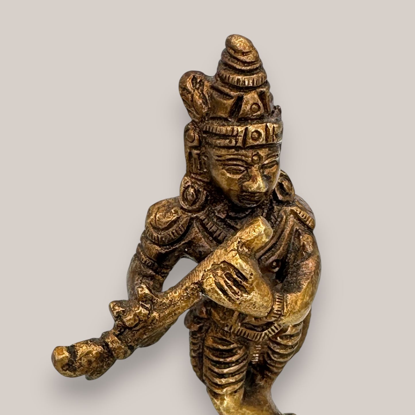 Vintage Brass Krishna Figurine Playing Flute - Antique Hindu Deity Statue