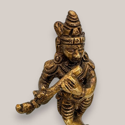 Vintage Brass Krishna Figurine Playing Flute - Antique Hindu Deity Statue