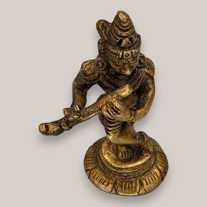 Vintage Brass Krishna Figurine Playing Flute - Antique Hindu Deity Statue