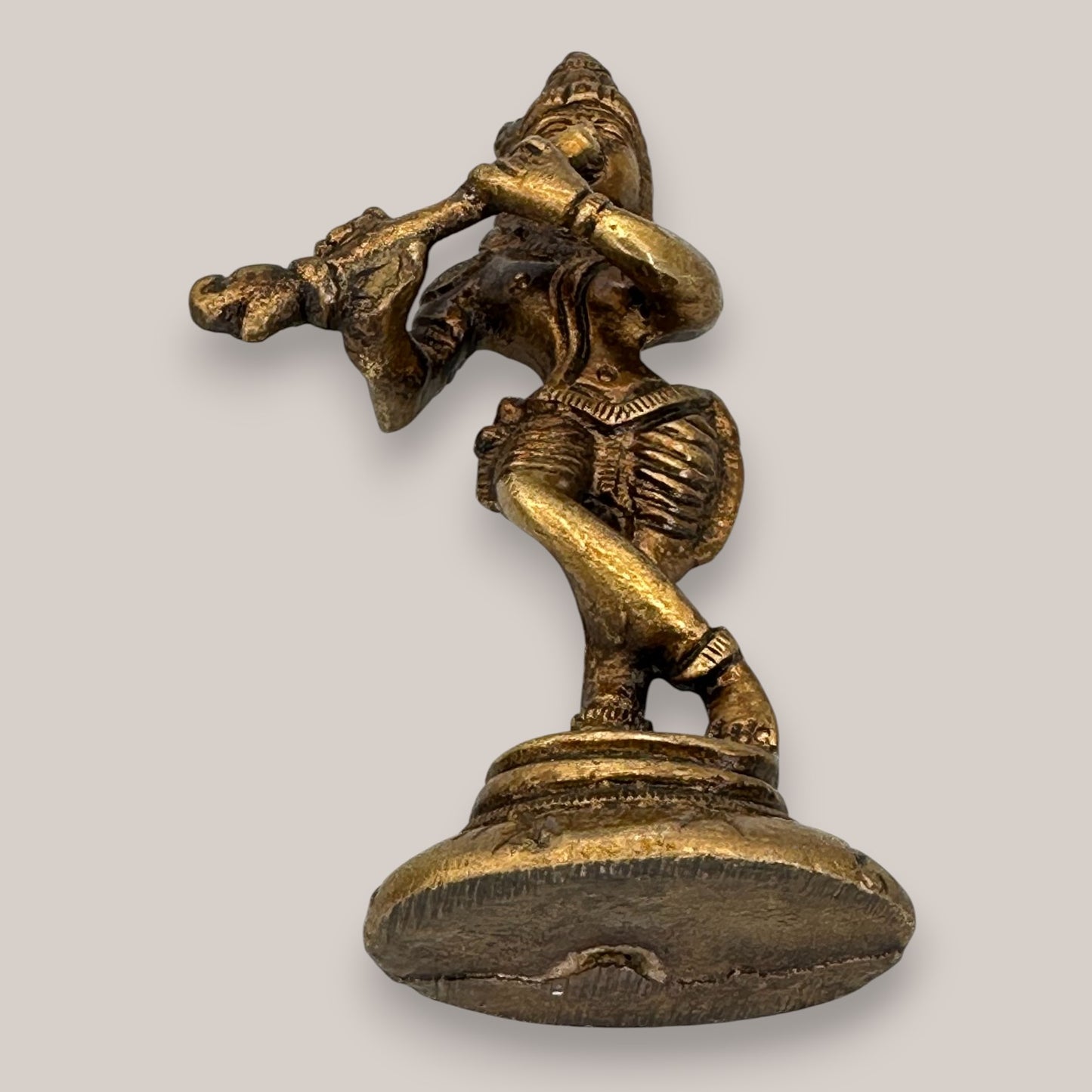 Vintage Brass Krishna Figurine Playing Flute - Antique Hindu Deity Statue