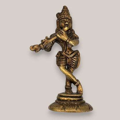 Vintage Brass Krishna Figurine Playing Flute - Antique Hindu Deity Statue