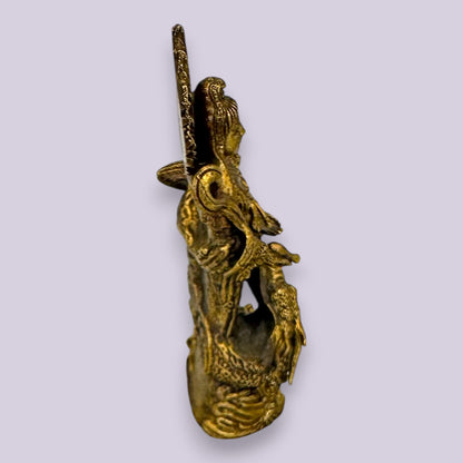 Antique Brass Guan Yin Dragon Statue Oriental Goddess Mercy Figurine