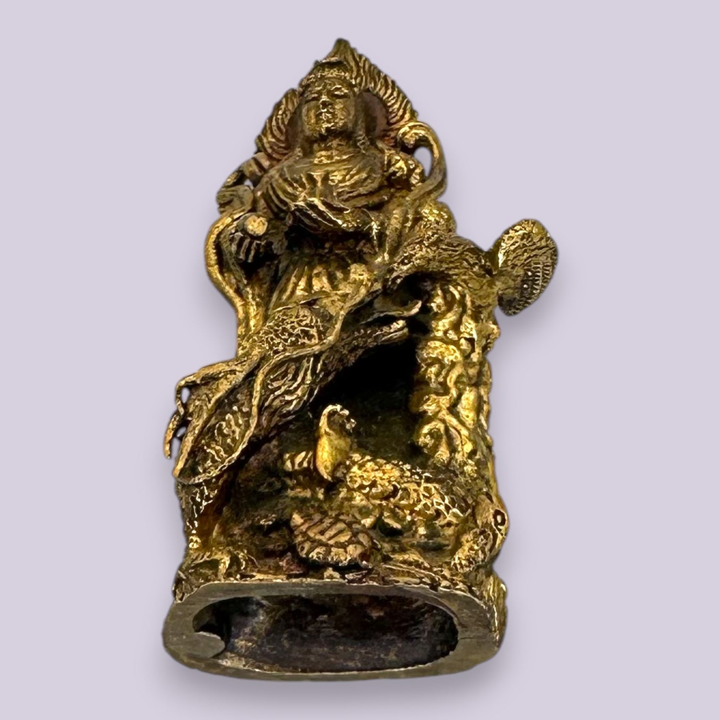 Antique Brass Guan Yin Dragon Statue Oriental Goddess Mercy Figurine