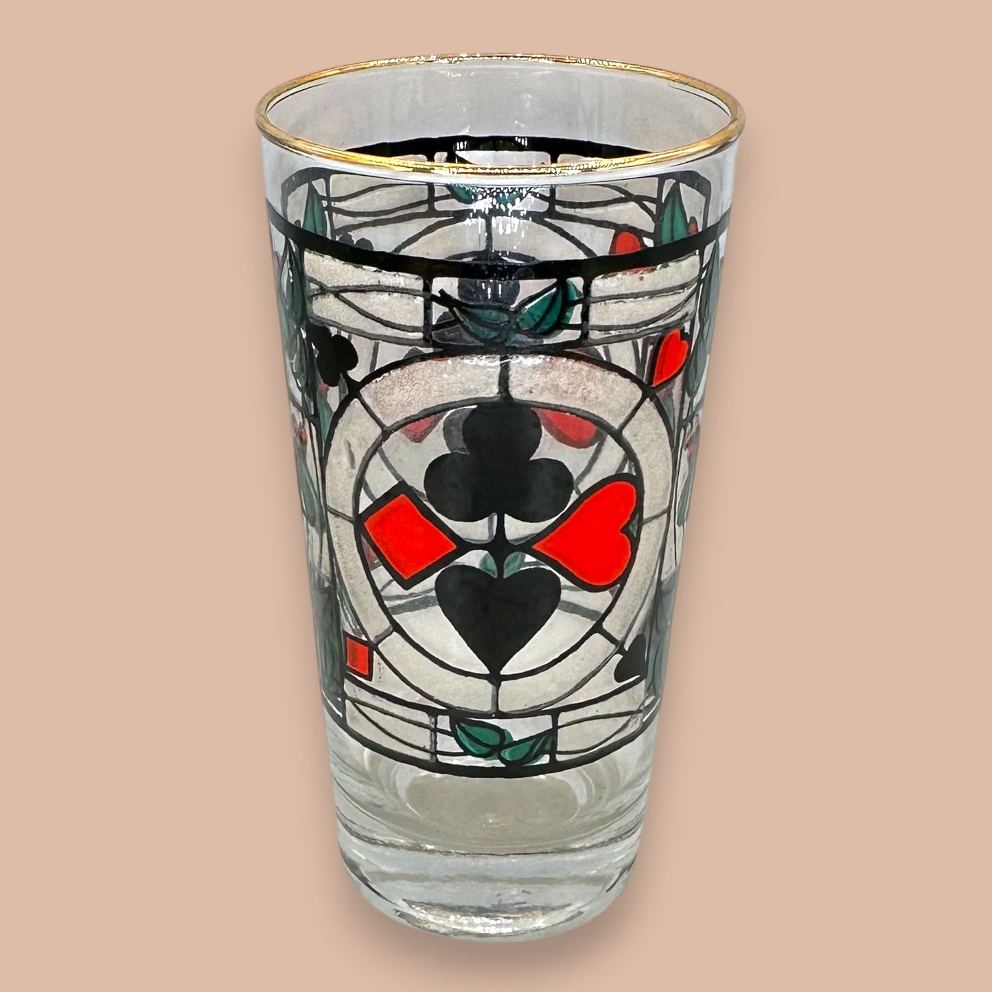 Vintage Mid-Century Stained Glass Playing Cards Highball Glasses - Set of 4
