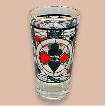 Vintage Mid-Century Stained Glass Playing Cards Highball Glasses - Set of 4