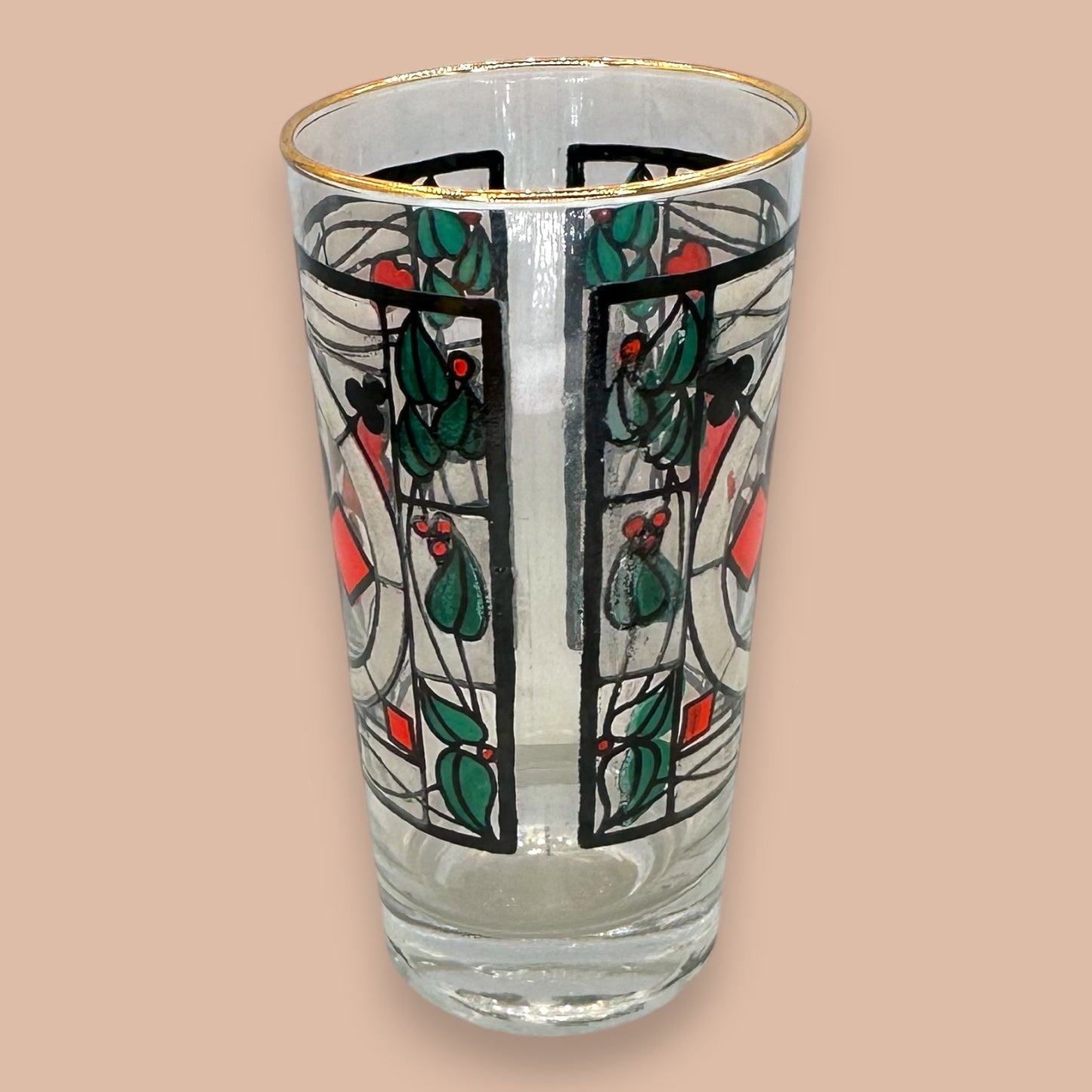 Vintage Mid-Century Stained Glass Playing Cards Highball Glasses - Set of 4